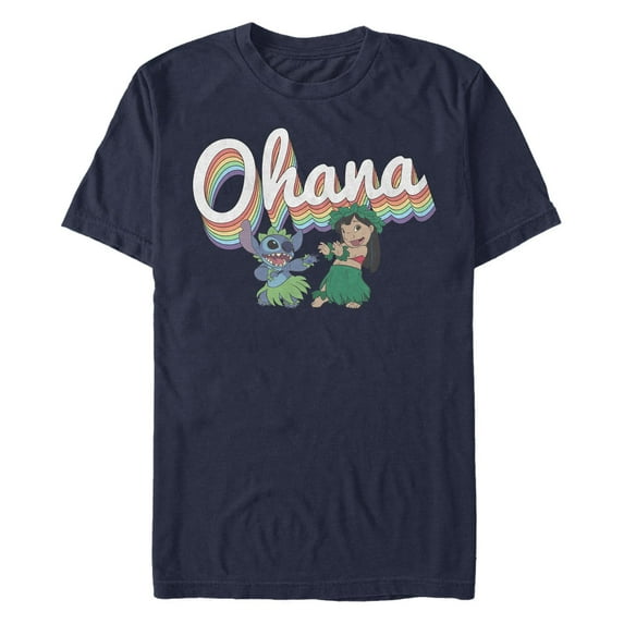 Men's Lilo & Stitch Rainbow Ohana Hula Dance Graphic Tee Navy Blue Large