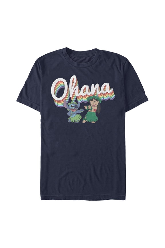 Men's Lilo & Stitch Rainbow Ohana Hula Dance Graphic Tee Navy Blue Medium