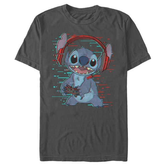 Men's Lilo & Stitch Red and Blue Gamer  Graphic Tee Charcoal Medium
