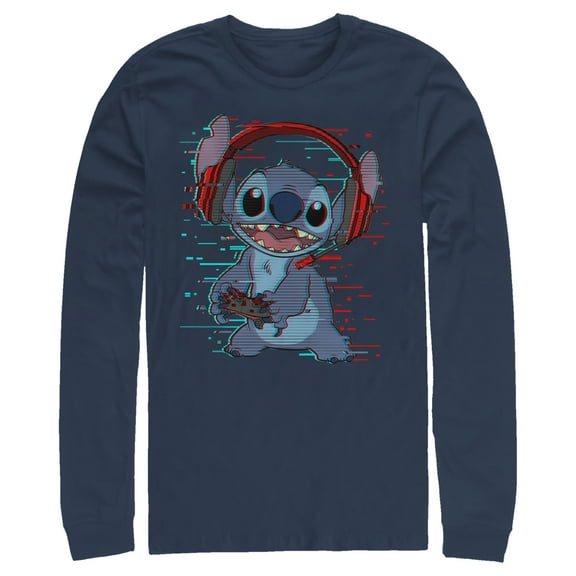 Men's Lilo & Stitch Red and Blue Gamer  Long Sleeve Shirt Navy Blue 2X Large