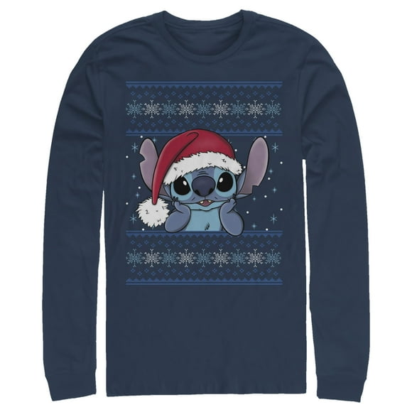 Men's Lilo & Stitch Santa Hat Ugly Sweater  Long Sleeve Shirt Navy Blue Large