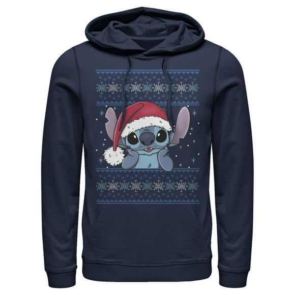 Men's Lilo & Stitch Santa Hat Ugly Sweater  Pull Over Hoodie Navy Blue 3X Large