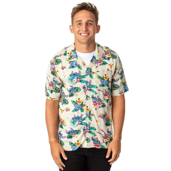 Disney Lilo And Stitch Men's Stitch Tropical Hawaiian Button Up Shirt
