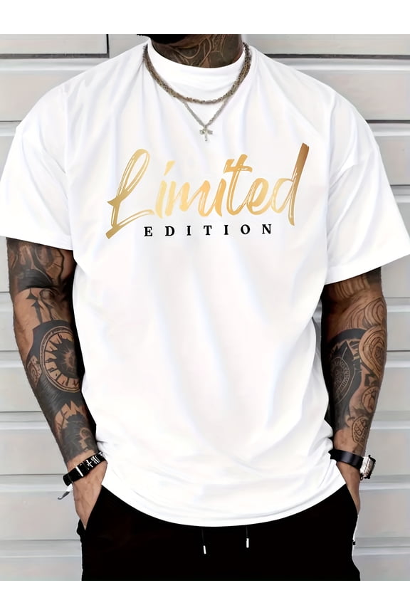 Men's Limited Edition Golden Letter Print Casual T-Shirt - 100% Polyester, Regular Fit Crew Neck Short Sleeve Summer Top, Suitable for Daily Wear and Gifts, Casual Wear, Modern Fashion
