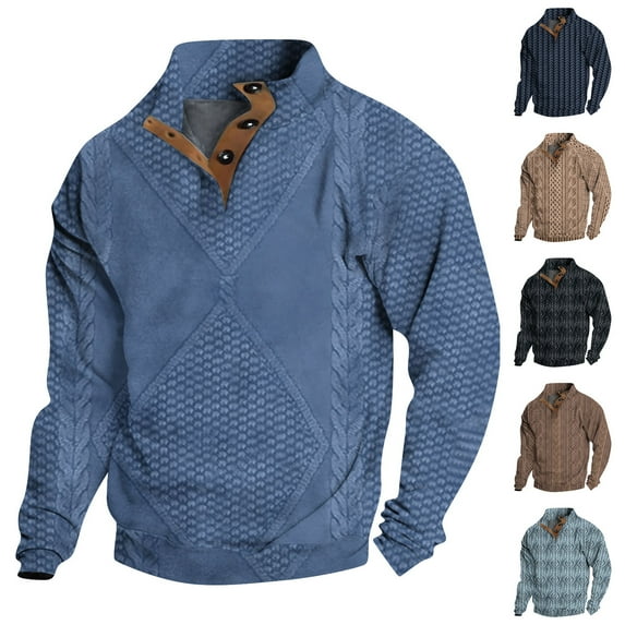 Men's Line Print 3-Button Stand Collar Quarter-Zip Sweatshirt, Casual Outdoor Pullover Top, Spring Fall Graphic Style,Blue,L