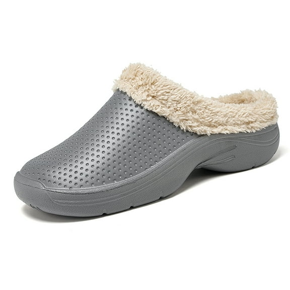 Men’s Lined Clogs Women’s Winter Fuzzy Slippers Waterproof Faux Fur Lined Clogs Slip On Room Shoes with Soft Fleece Lining Non-Slip Garden Shoes Unisex House Slippers Gray 43