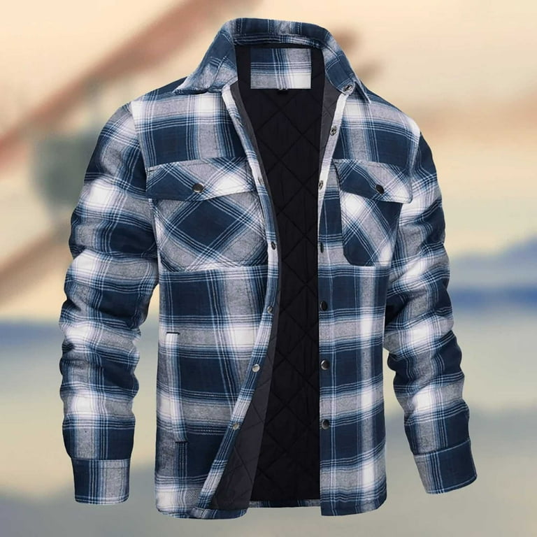 Men's Lined Hooded Flannel Shirt Jacket Quilted Plaid Coat Button Down  Plaid Button Up Winter Jackets