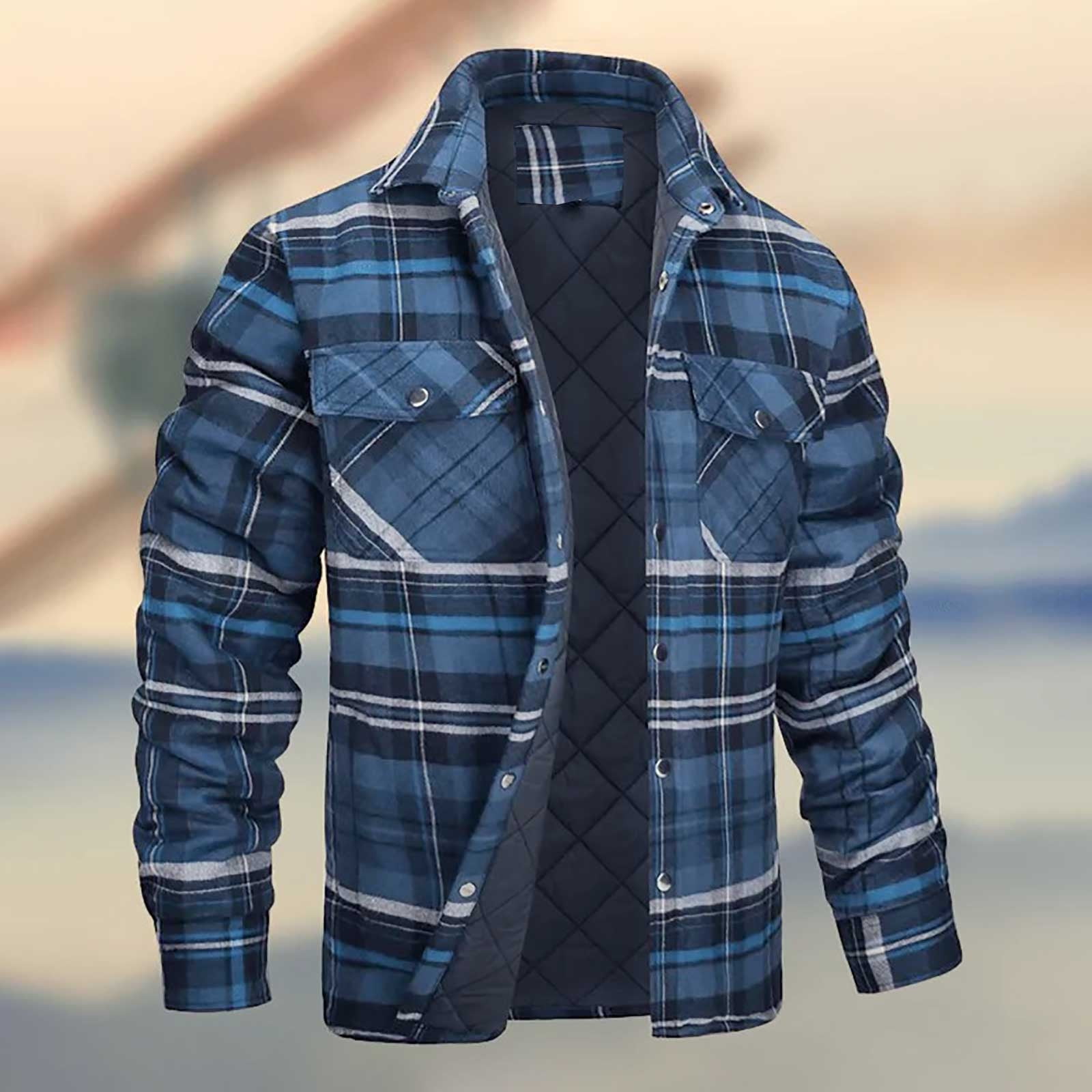 Men's Lined Hooded Flannel Shirt Jacket Quilted Plaid Coat Button Down ...