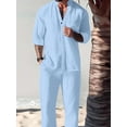 thumbnail image 1 of Men's Linen 2 Piece Outfit Long Sleeve Button Down Shirt with Elastic Waist Drawstring Lounge Pants Set Blue L, 1 of 5