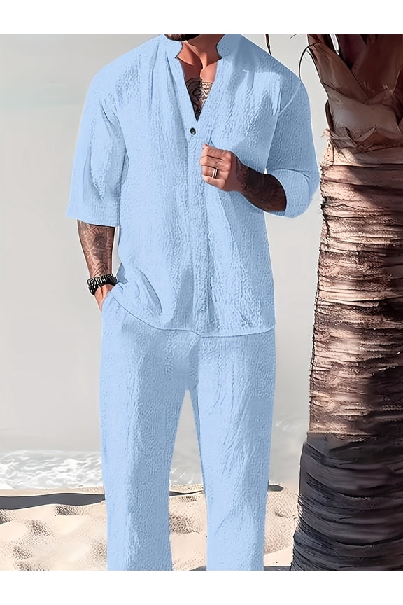 Men's Linen 2 Piece Outfit Long Sleeve Button Down Shirt with Elastic Waist Drawstring Lounge Pants Set Blue L