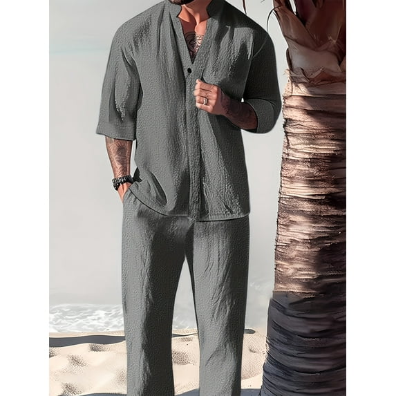 Men's Linen 2 Piece Outfit Long Sleeve Button Down Shirt with Elastic Waist Drawstring Lounge Pants Set Gray 3XL
