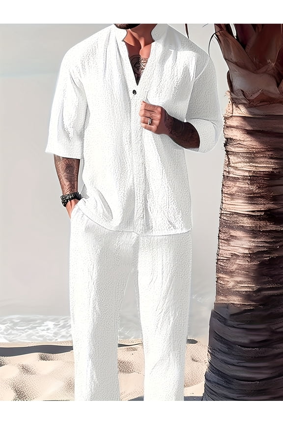 Men's Linen 2 Piece Outfit Long Sleeve Button Down Shirt with Elastic Waist Drawstring Lounge Pants Set White L