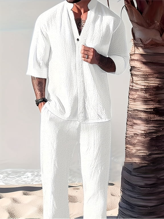 Men's Linen 2 Piece Outfit Long Sleeve Button Down Shirt with Elastic Waist Drawstring Lounge Pants Set White L