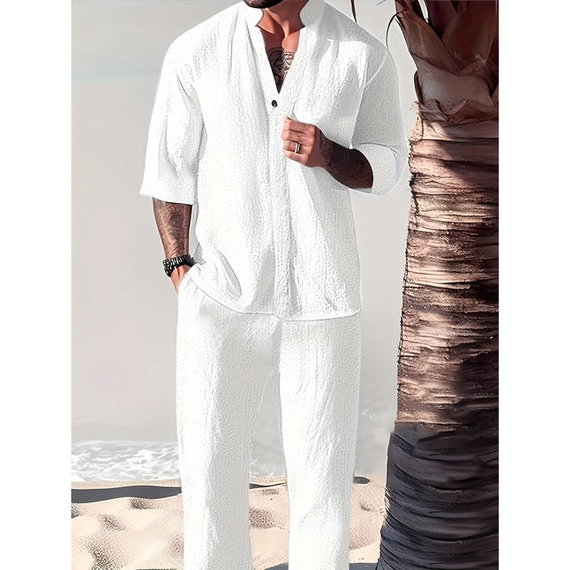 Men's Linen 2 Piece Outfit Long Sleeve Button Down Shirt with Elastic Waist Drawstring Lounge Pants Set White M