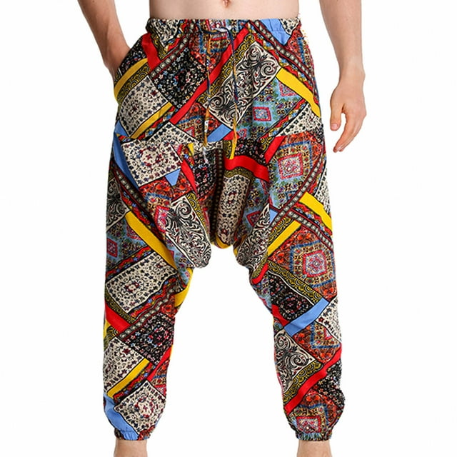 Mens Linen Baggy Hippie Boho Yoga Harem Pants African Pattern Print Lightweight Elastic Waist 5374