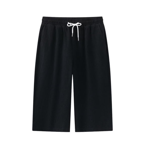 Men's Linen Bermuda Shorts Casual Elastic Waist Drawstring Capri Shorts Summer Knee Length Beach Wear with Pocket