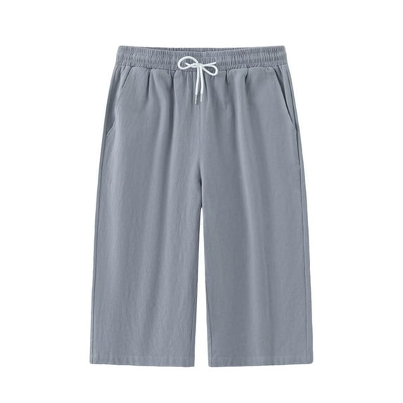 Men's Linen Bermuda Shorts Casual Elastic Waist Drawstring Capri Shorts Summer Knee Length Beach Wear with Pocket
