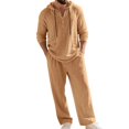 thumbnail image 1 of Men's Linen Blend 2 Piece Outfit Hooded Henley Shirt Drawstring Wide Leg Pants Set Earth Yellow S, 1 of 10