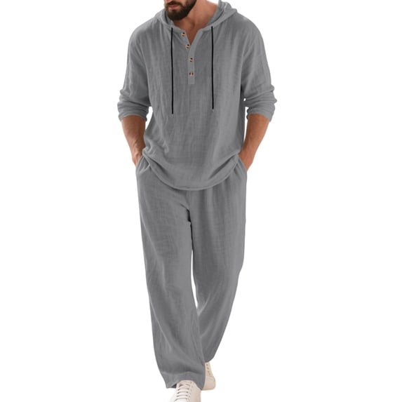 Men's Linen Blend 2 Piece Outfit Hooded Henley Shirt Drawstring Wide Leg Pants Set Gray XL