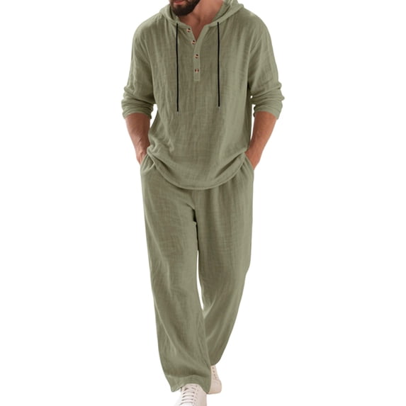 Men's Linen Blend 2 Piece Outfit Hooded Henley Shirt Drawstring Wide Leg Pants Set Green S