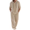 thumbnail image 1 of Men's Linen Blend 2 Piece Outfit Hooded Henley Shirt Drawstring Wide Leg Pants Set Light Khaki M, 1 of 10