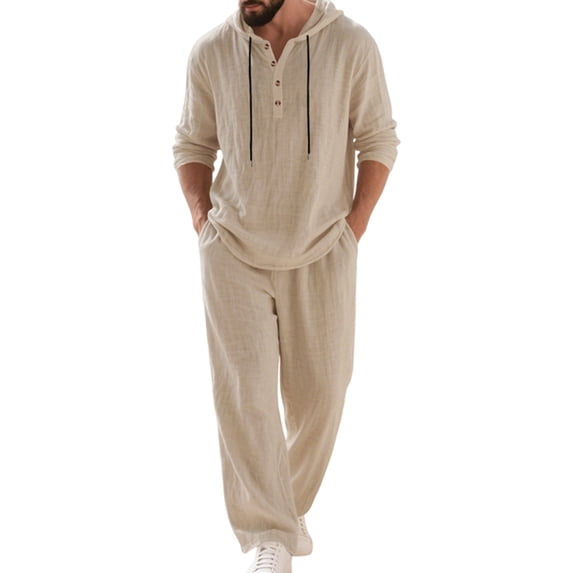 Men's Linen Blend 2 Piece Outfit Hooded Henley Shirt Drawstring Wide Leg Pants Set Light Khaki M