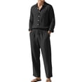 thumbnail image 1 of Men's Linen Blend Camp Collar Long Sleeve Shirt and Drawstring Pants Two Piece Outfit Black S, 1 of 7