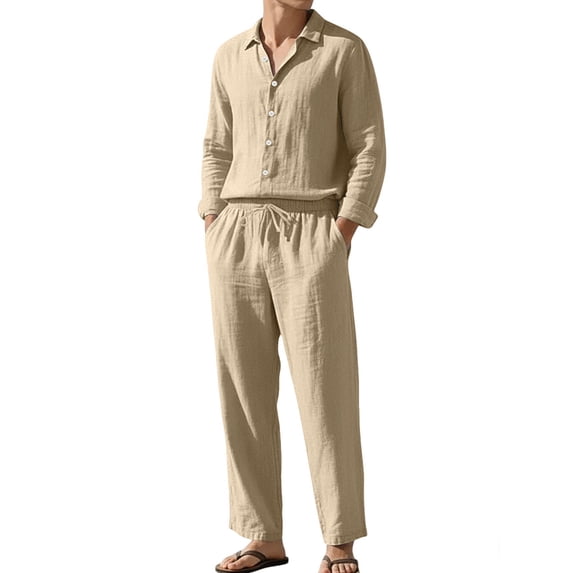 Men's Linen Blend Camp Collar Long Sleeve Shirt and Drawstring Pants Two Piece Outfit Khaki XXXL