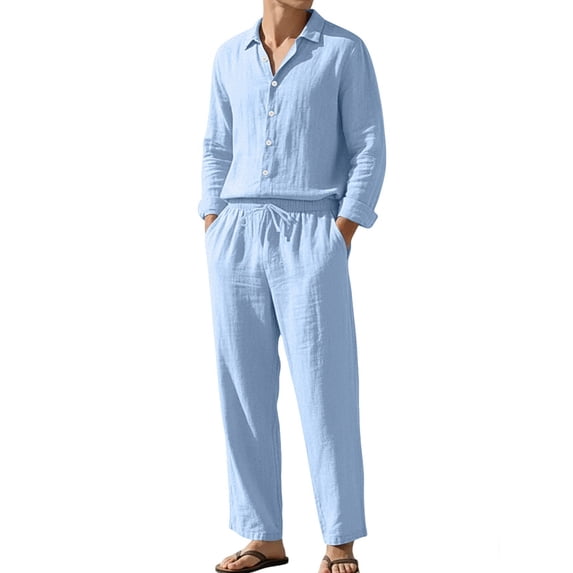 Men's Linen Blend Camp Collar Long Sleeve Shirt and Drawstring Pants Two Piece Outfit Light Blue L