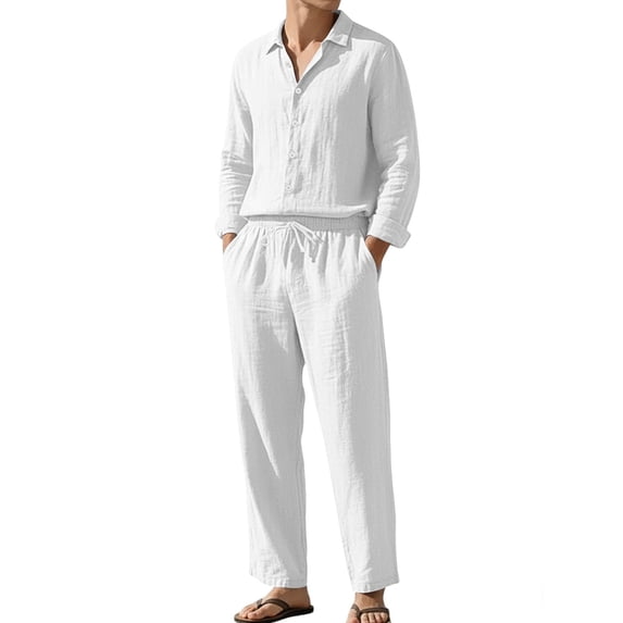 Men's Linen Blend Camp Collar Long Sleeve Shirt and Drawstring Pants Two Piece Outfit White M