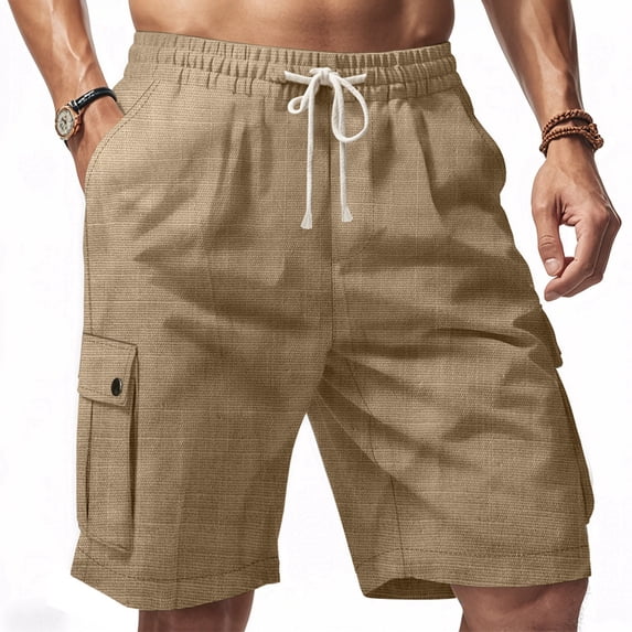 Men's Linen Blend Drawstring Cargo Shorts Khaki L