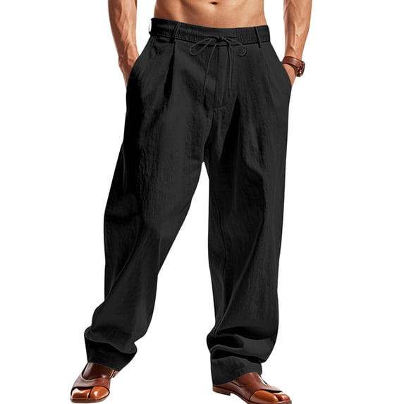 Men's Linen Blend Drawstring Casual Pants Black S