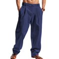 thumbnail image 1 of Men's Linen Blend Drawstring Casual Pants Dark Blue M, 1 of 6
