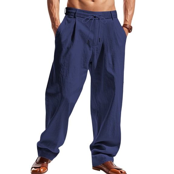Men's Linen Blend Drawstring Casual Pants Dark Blue M