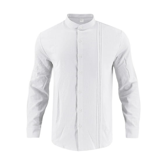 Men's Linen Blend Dress Shirts Stand Collar Lightweight Button Up Blouse Long Sleeve Pleated Casual Travel Fall Tops (XL, White)