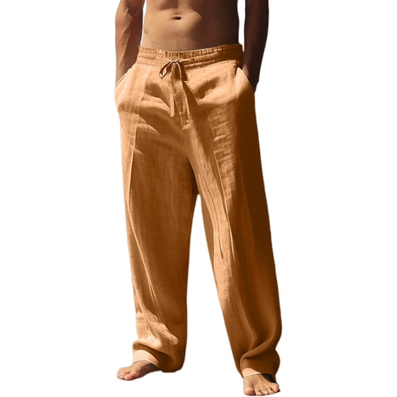 Men's Linen Blend Elastic Waist Drawstring Wide Leg Casual Beach Pants Beige L