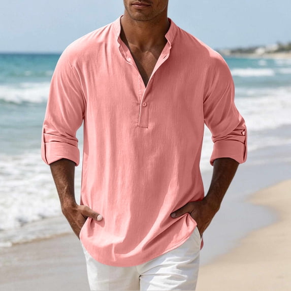 Men's Linen Blend Henley Shirt Long Sleeve Casual Button Down Shirts Lightweight Breathable Summer Beach Tops