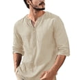 thumbnail image 1 of Men's Linen Blend Shirts Rolled Long Sleeve Lace-up V Neck Vintage Plain Tshirts Casual Lightweight Tops (2XL, Khaki), 1 of 6