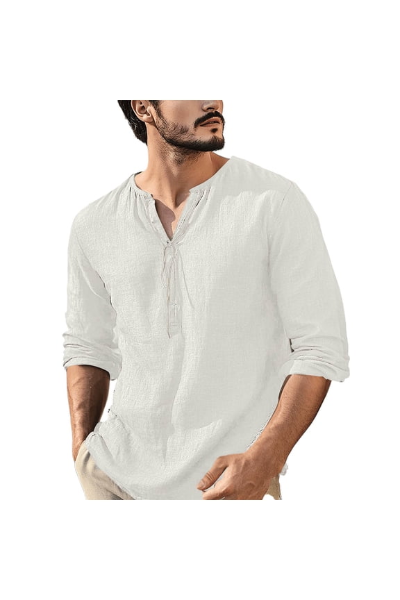 Men's Linen Blend Shirts Rolled Long Sleeve Lace-up V Neck Vintage Plain Tshirts Casual Lightweight Tops (3XL, White)