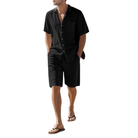 Men's Linen Blend Short Sleeve Shirt & Shorts Set, Casual Summer 2 Piece Outfit Black S