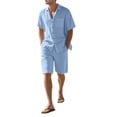 thumbnail image 1 of Men's Linen Blend Short Sleeve Shirt & Shorts Set, Casual Summer 2 Piece Outfit Light Blue XXXL, 1 of 9