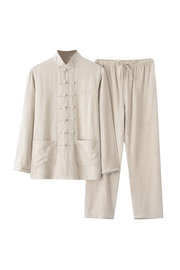 Men's Linen Blend Suit Set, Two Piece Casual Outfit, Loose Fit Tunic And Pants, Traditional Style Top