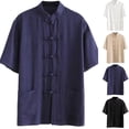 thumbnail image 1 of Men's Linen Blend Tang Style Short Sleeve Shirt Mandarin Collar Frog Button Down, Loose Fit Casual Summer Tops with Pockets, 1 of 6