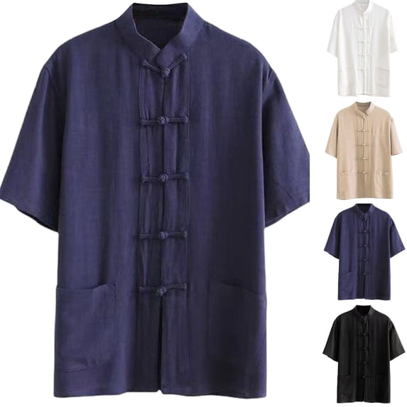 Men's Linen Blend Tang Style Short Sleeve Shirt Mandarin Collar Frog Button Down, Loose Fit Casual Summer Tops with Pockets