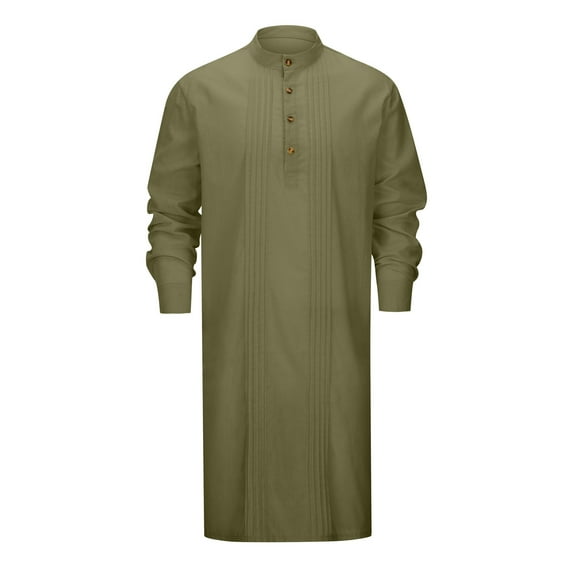 Men's Linen Button Down Casual Shirt, Long Sleeve Kaftan Style, Gown, Embroidery Detail, Ideal for Various Occasions