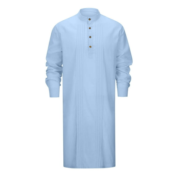 Men's Linen Button Down Casual Shirt, Long Sleeve Kaftan Style, Gown, Embroidery Detail, Ideal for Various Occasions