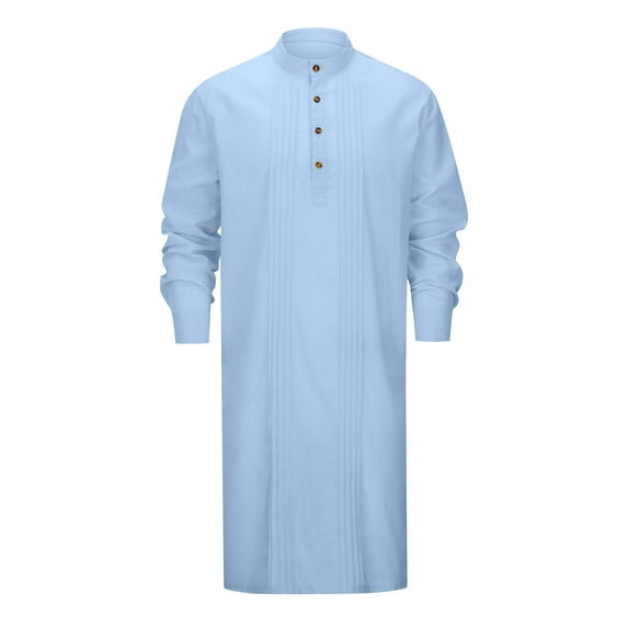 Men's Linen Button Down Casual Shirt, Long Sleeve Kaftan Style, Gown, Embroidery Detail, Ideal for Various Occasions