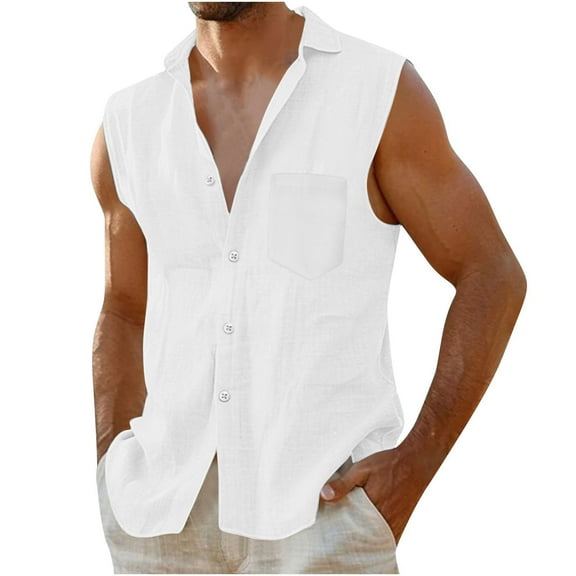 Men's Linen Button-Down Shirt – Sleeveless Tropical Hawaiian Style, Lightweight Beach Vest for Summer Casual & Holiday Outfits