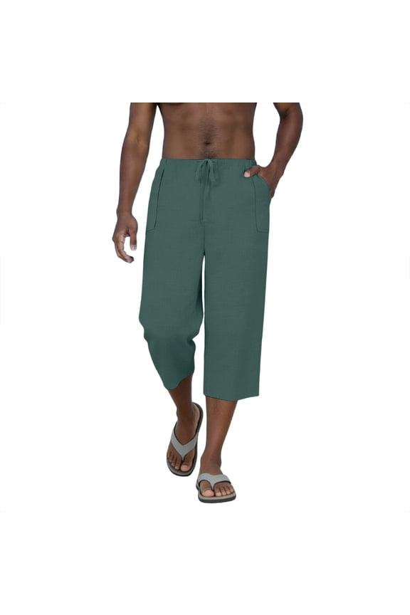 Men's Linen Capri Pants Casual Lightweight 3/4 Baggy Harem Pants Drawstring Elastic Waist Beach Yoga Pants with Pockets