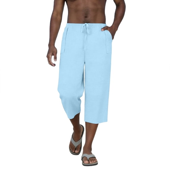 Men's Linen Capri Pants Casual Lightweight 3/4 Baggy Harem Pants Drawstring Elastic Waist Beach Yoga Pants with Pockets